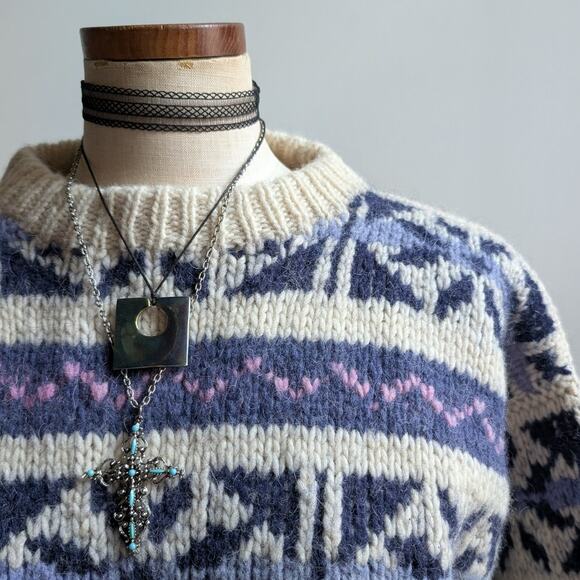 Vintage Wool Chunky Knit Fairisle Sweater Cosby Grandpa Cottagecore Top Medium - Picture 4 of 9